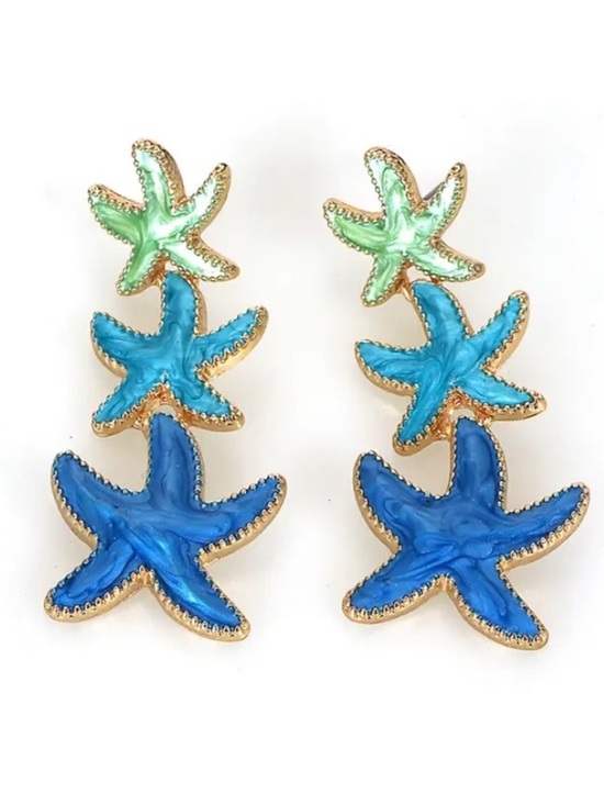 Jewelry - Blue & Green Swirly Enamel Starfish Gold Toned Stud Earrings